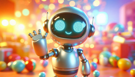 Robot on the background of the Christmas tree. 3D illustration.