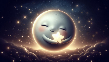 Smiling emoticon face with moon and stars. 3D rendering