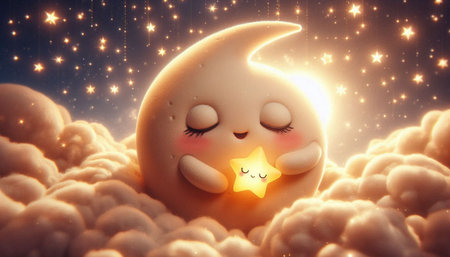 Cute moon in the clouds with stars. 3D illustration.