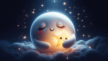 Cute cartoon character sleeping on the moon with stars. 3D rendering