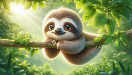 3d illustration of cute baby sloth hanging on a branch in the jungle