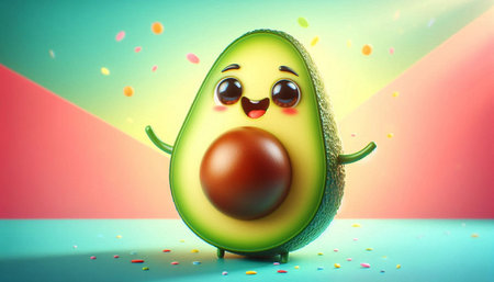 funny avocado with eyes and mouth on colorful background. 3d illustration