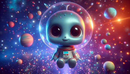 Alien in outer space with planets and stars. 3D illustration.