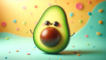 Funny avocado character with eyes, mouth and nose on colorful background