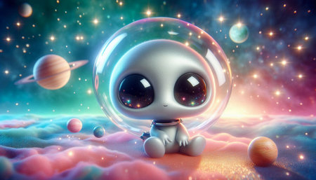 Alien in space with planets and stars. 3D illustration. Fantasy.