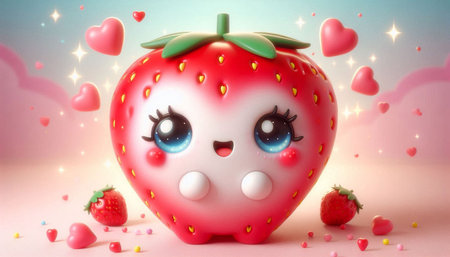 Funny strawberry with hearts on a pink background. 3d rendering