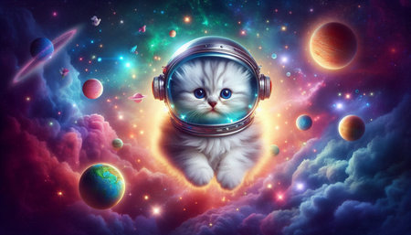 Cute cat in astronaut helmet on space background with planets and stars