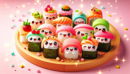 creative food concept - sushi and rolls with funny faces on pink background
