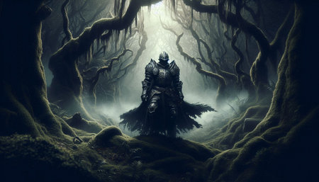Fantasy dark spooky forest with creepy monster. 3d rendering