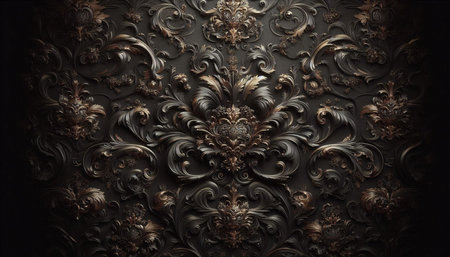 Luxury floral ornament on black wall. 3D rendering.