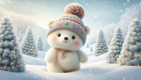 Cute teddy bear in winter forest. 3D rendering.