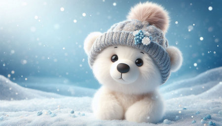 Cute teddy bear with winter hat on snow background. 3d rendering