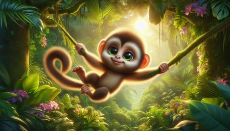 3D rendering of a cute little monkey in a tropical forest.