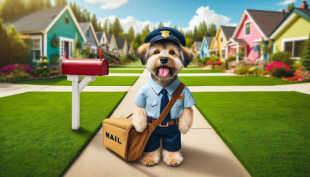 Cute dog in police uniform with briefcase and mail box in front of his house
