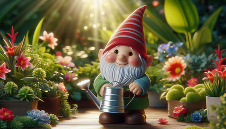Garden gnome with watering can in the garden, Gardening conceptの写真素材