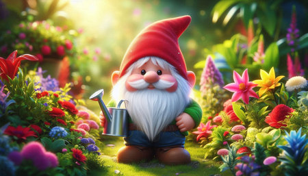 Garden gnome with watering can in flower garden. Christmas and New Year concept.の写真素材