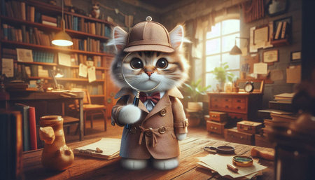 Cute cat in a hat with a magnifying glass in his hands.の写真素材