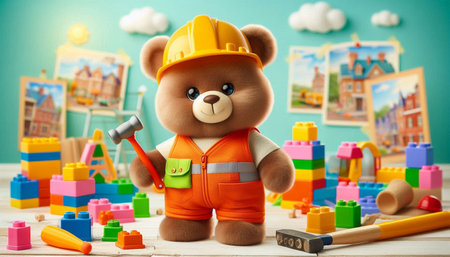 Teddy bear in a construction helmet and tools for building a house