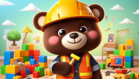 Cute teddy bear in a construction helmet with a hammer.