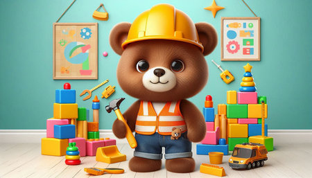3d rendering of a cute teddy bear in a construction site