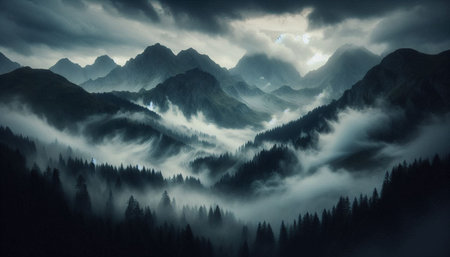 Mountain landscape with fog in the valley. Panoramic view.
