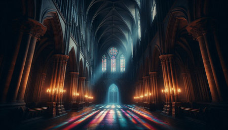 Gothic church interior with neon light. 3D Renderingの写真素材