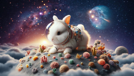 Cute white rabbit in astronaut costume on planet. 3d renderingの写真素材