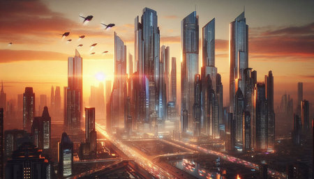 Futuristic city with skyscrapers and birds flying in the skyの写真素材