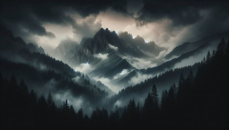 Foggy mountain landscape with clouds and fog. 3d render