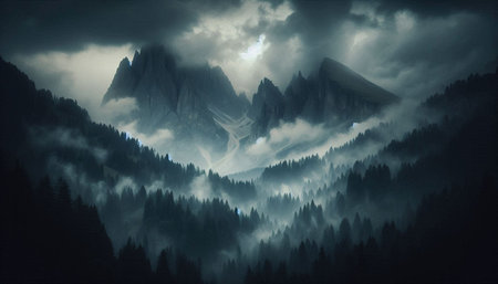 Foggy landscape with mountains and clouds, 3D illustration.