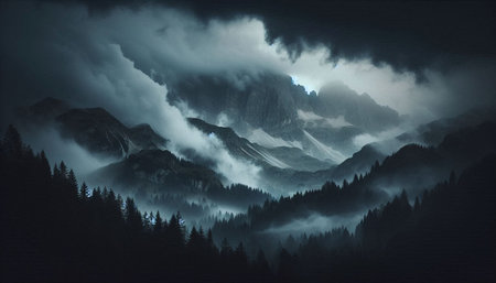 Mountain landscape with fog and clouds. Artistic style. Digital painting.