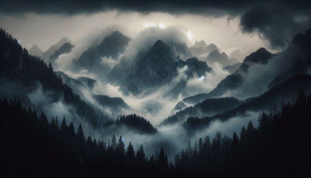 Mountain landscape with fog and clouds in the morning. Toned.