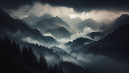 Foggy mountain landscape with fog and clouds. Digital painting.