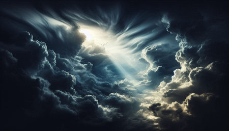 Cloudscape with bright sun and stormy sky. 3d rendering