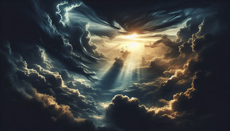 Clouds in the sky with rays of light. 3d rendering