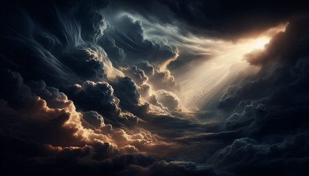 Dark stormy sky with rays of light, 3d render illustration