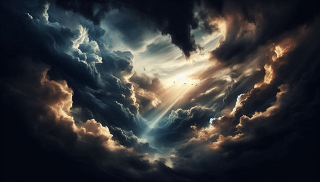 Dramatic dark stormy sky with sun rays and clouds. 3d rendering