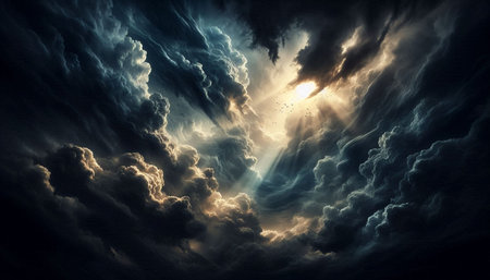 Dark stormy sky with glowing sun rays. 3D Rendering