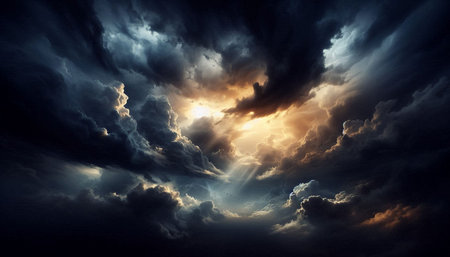 Stormy sky with dark clouds and sun rays. 3D rendering