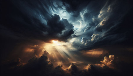 Dramatic sky with clouds and sun rays. 3d rendering