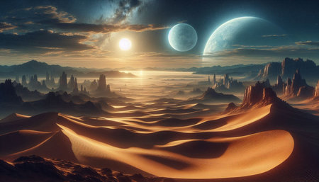 Fantasy alien planet. Mountain and sand. 3D illustration.