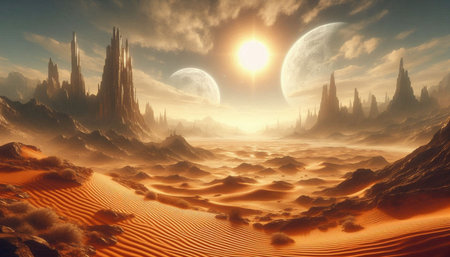 Fantasy alien planet. Mountain and sand. 3D illustration.