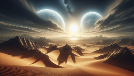 Alien Planet - 3D Rendered Computer Artwork. Rocks and Moon