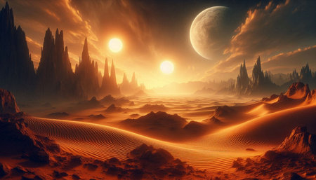 Fantasy alien planet. Mountain and sand. 3D illustration.