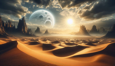 Fantasy alien planet. Mountain and sand dunes. 3D illustration