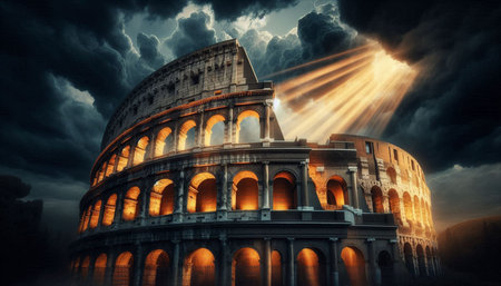 Colosseum in Rome, Italy, with rays of light