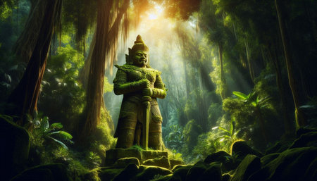 Buddha statue in the jungle,3d rendering. Computer digital drawing.