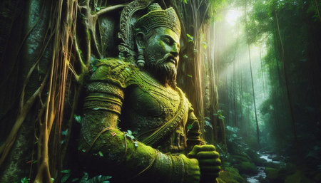 Buddha statue in the jungle. 3d rendering. Computer digital drawing.