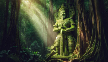 Buddha statue in the jungle. 3d render illustration.