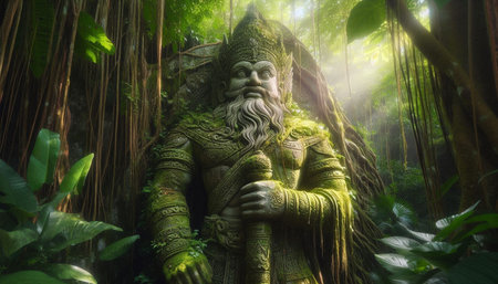 Statue of a man in the jungle. 3d rendering.